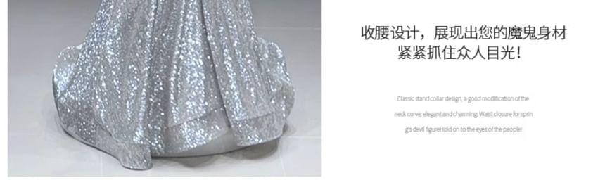 Gown Halter-Neck Cape Evening Sequined Set A-Line Shirred Fluffy /