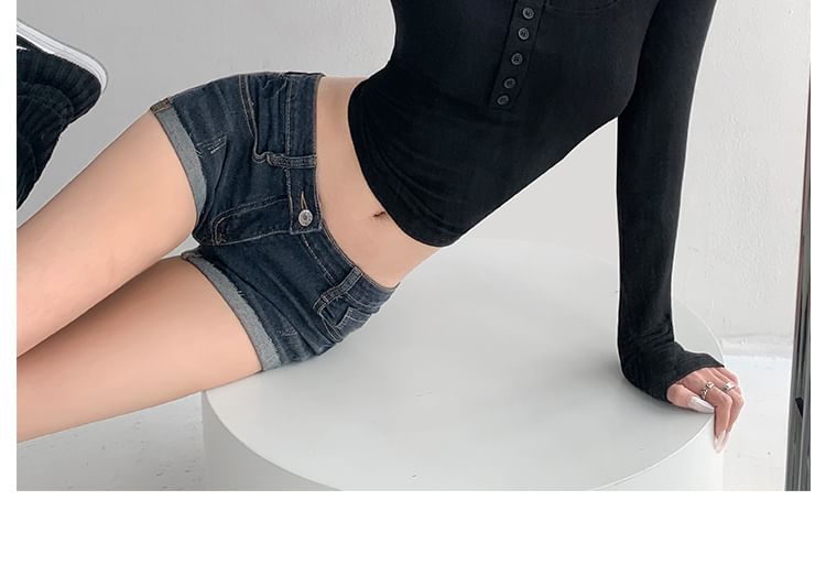 Low Rise Washed Roll Up Hem Denim Shorts