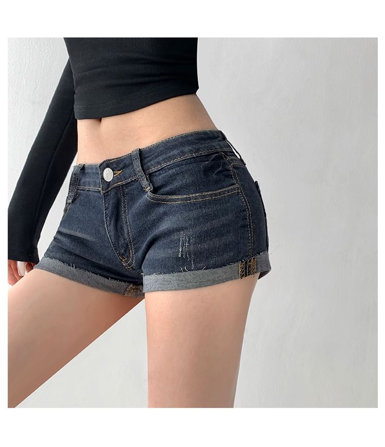 Low Rise Washed Roll Up Hem Denim Shorts