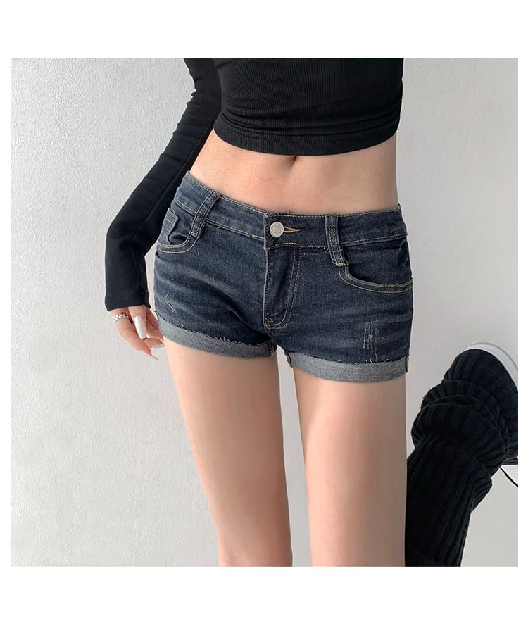 Low Rise Washed Roll Up Hem Denim Shorts