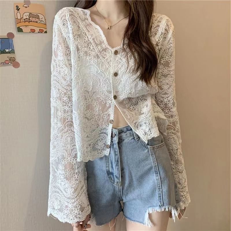 Long-Sleeve Lace Button Blouse