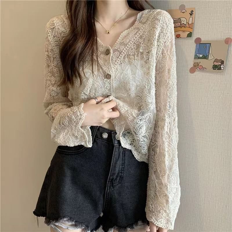 Long-Sleeve Lace Button Blouse