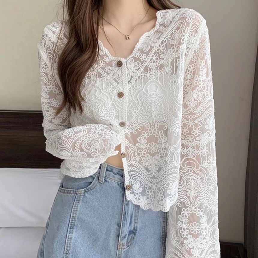 Long-Sleeve Lace Button Blouse