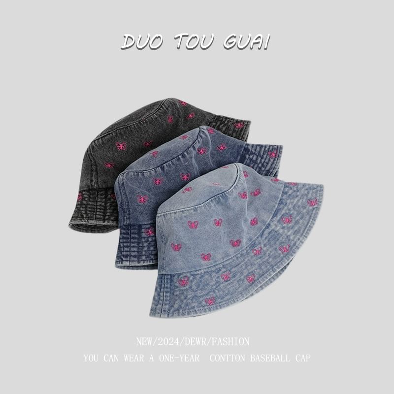 Bucket Embroidered Bow Denim Hat Washed