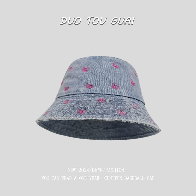 Bucket Embroidered Bow Denim Hat Washed
