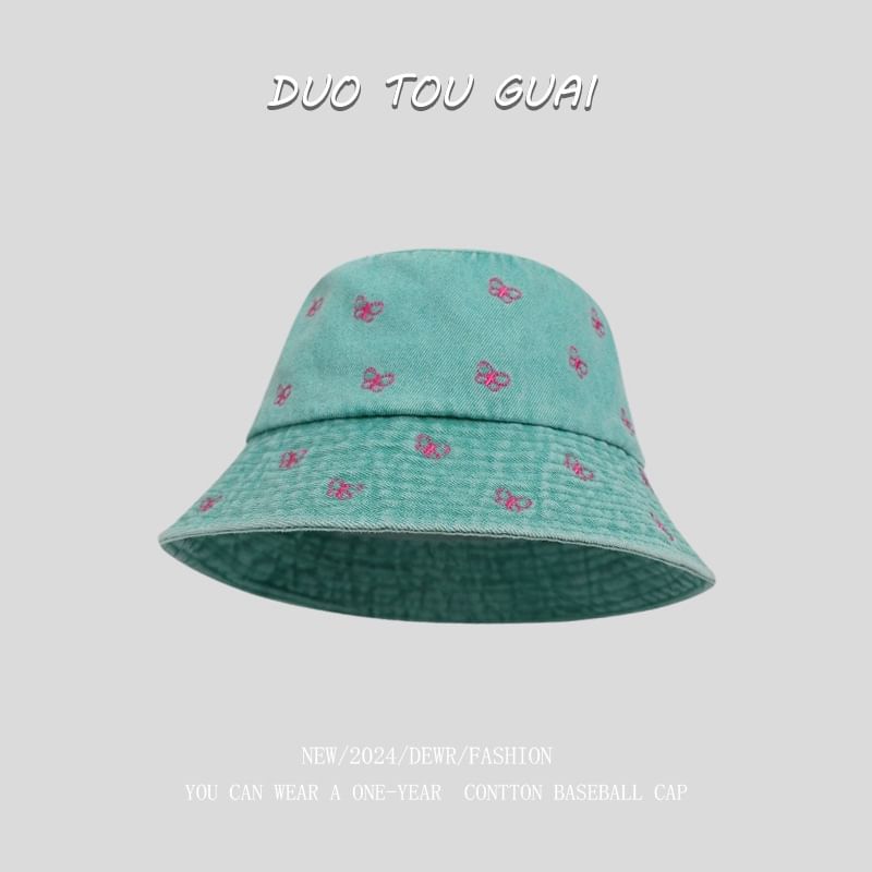 Bucket Embroidered Bow Denim Hat Washed