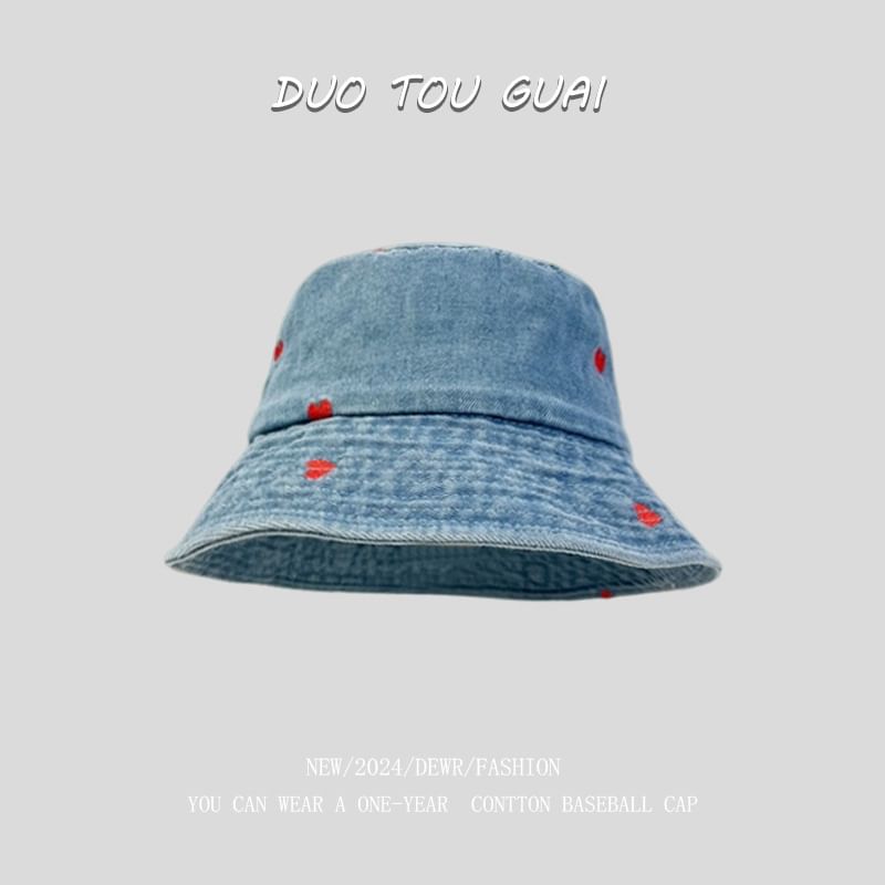 Bucket Heart Washed Hat Denim Embroidered