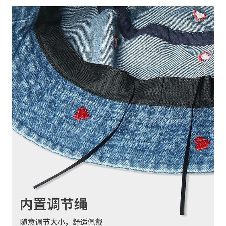 Bucket Heart Washed Hat Denim Embroidered