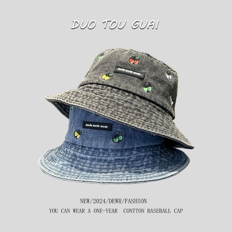 Cherry Denim Washed Hat Bucket Embroidered