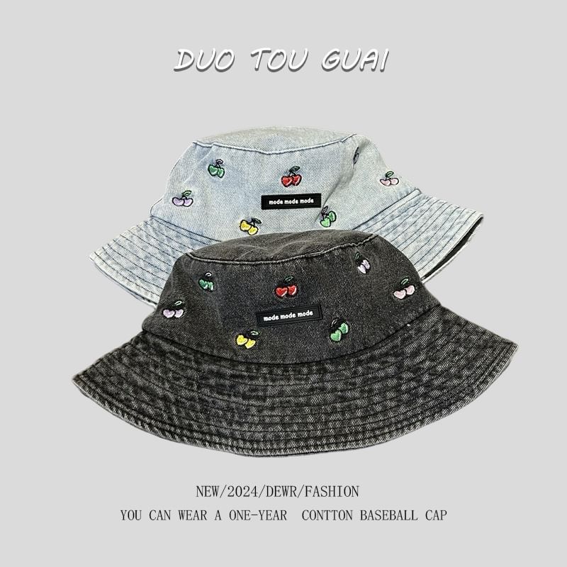 Cherry Denim Washed Hat Bucket Embroidered