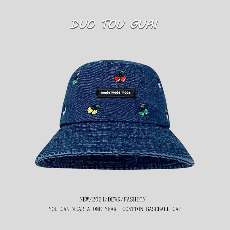 Cherry Denim Washed Hat Bucket Embroidered