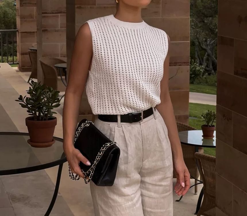 Round Plain Knit Sleeveless Top Neck