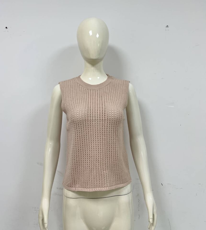 Round Plain Knit Sleeveless Top Neck