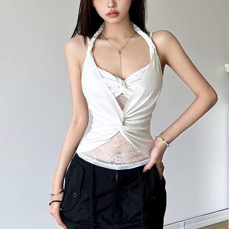 Sheer Lace V-Neck Fitted Crop Cami