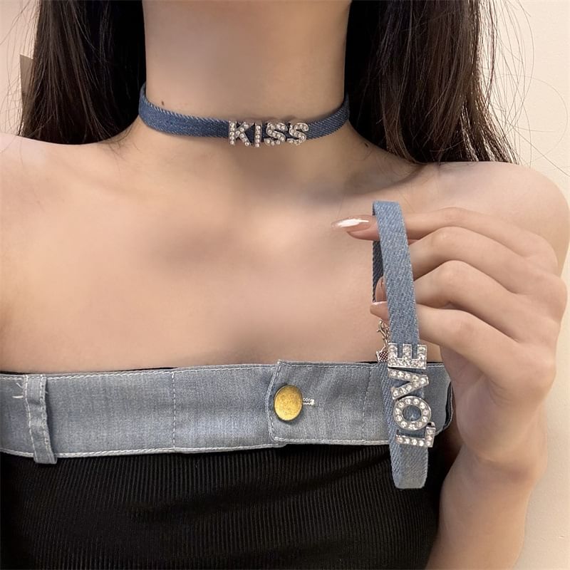 Designs) (Various Choker Denim Lettering Rhinestone