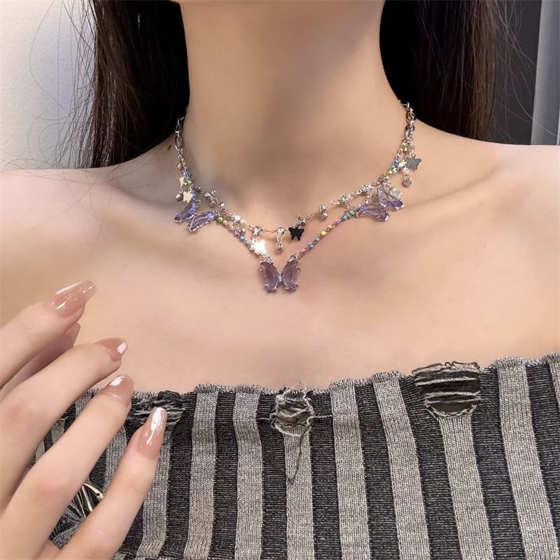 Faux Fringed Butterfly Necklace Layered Crystal