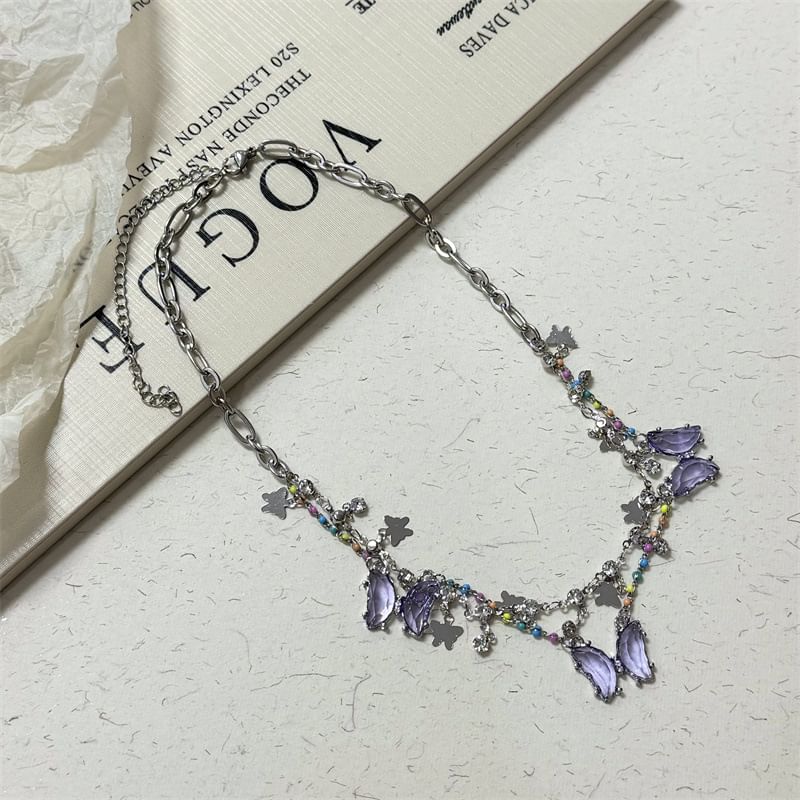 Faux Fringed Butterfly Necklace Layered Crystal