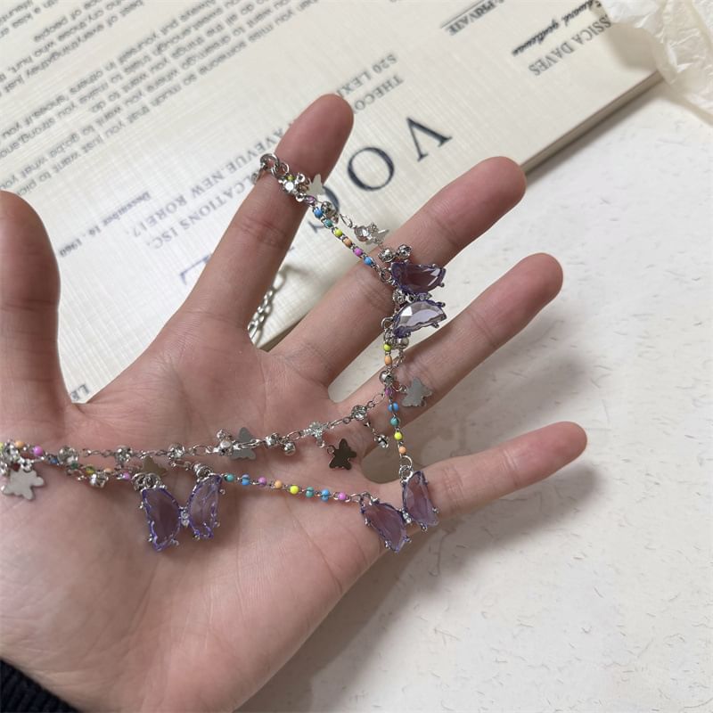 Faux Fringed Butterfly Necklace Layered Crystal