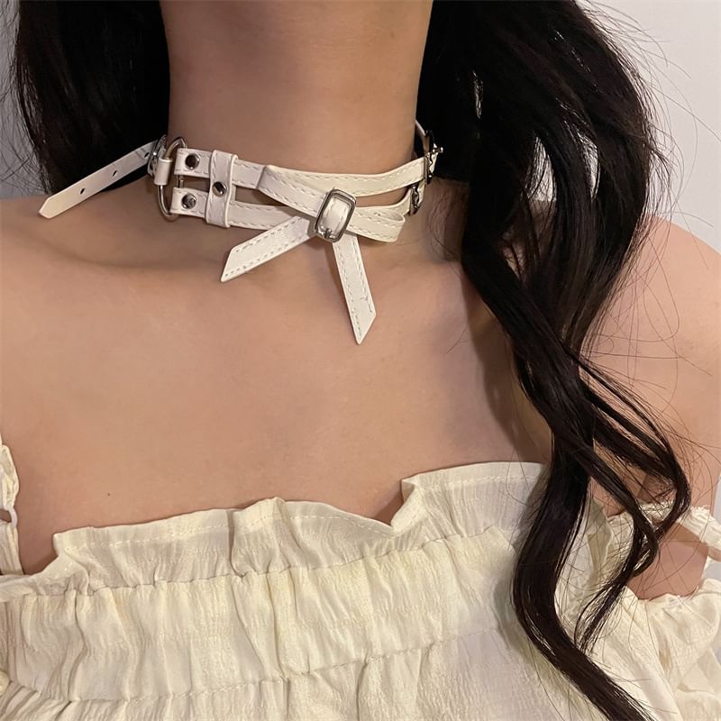 Faux Leather Layered Choker Bow