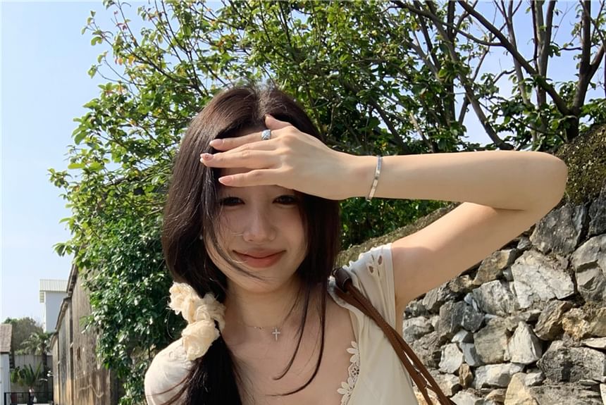 Cap-Sleeve Mermaid Buttoned Dress Lace Mini A-Line V-Neck / Panel Plain Maxi Eyelet