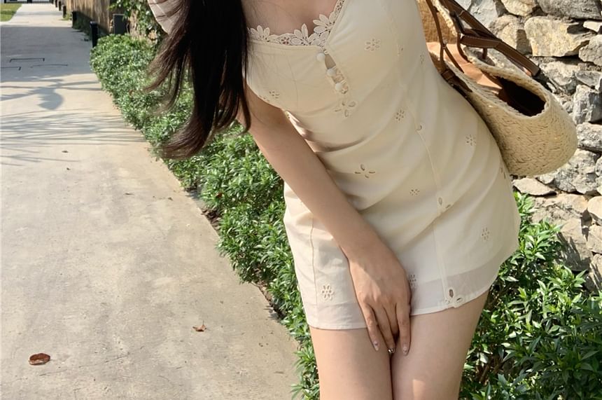 Cap-Sleeve Mermaid Buttoned Dress Lace Mini A-Line V-Neck / Panel Plain Maxi Eyelet