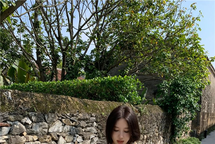 Cap-Sleeve Mermaid Buttoned Dress Lace Mini A-Line V-Neck / Panel Plain Maxi Eyelet