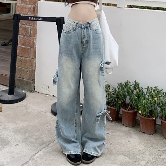 Wide Leg Washed Bow Waist Jeans Mid