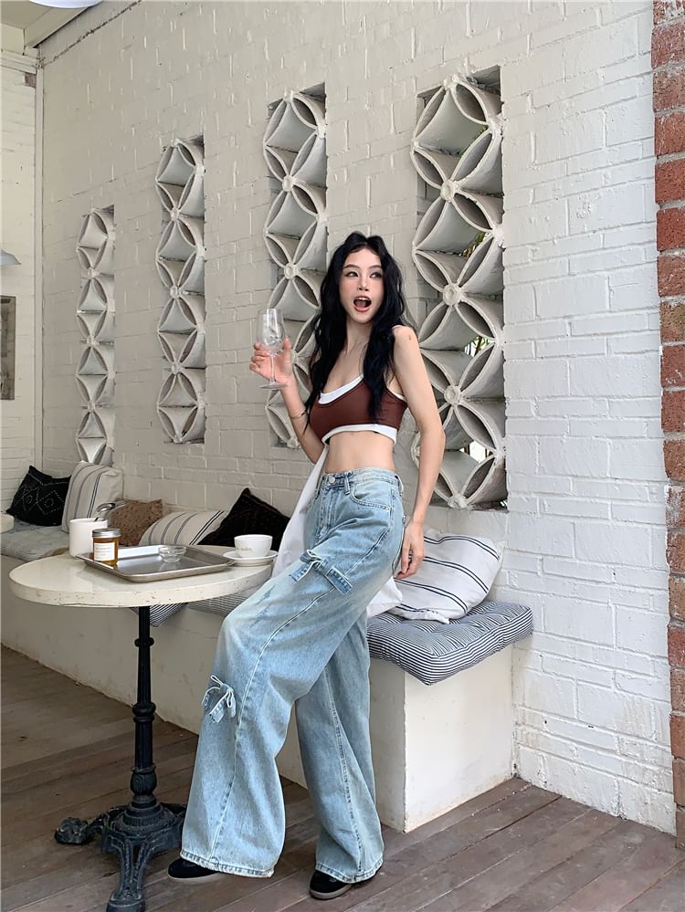 Wide Leg Washed Bow Waist Jeans Mid