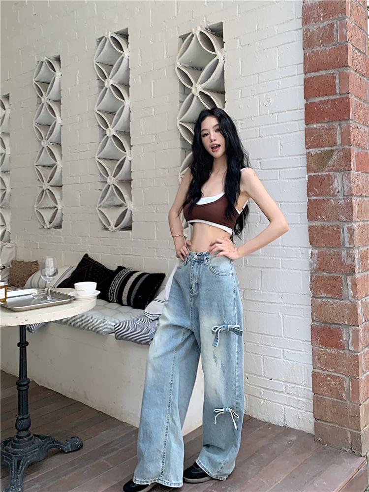 Wide Leg Washed Bow Waist Jeans Mid
