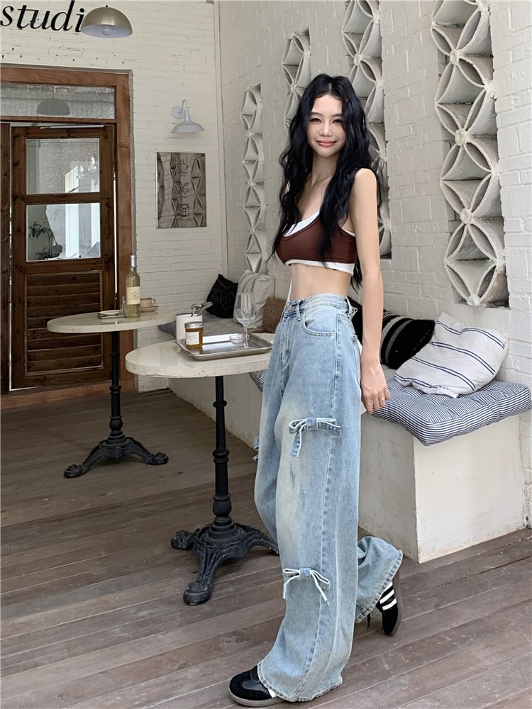 Wide Leg Washed Bow Waist Jeans Mid