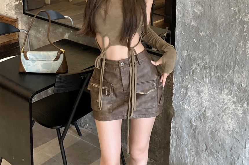 Neck Waist Round Skirt Sleeveless Mid Top Pencil Mini Cutout Faux Leather /