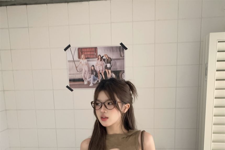 Neck Waist Round Skirt Sleeveless Mid Top Pencil Mini Cutout Faux Leather /