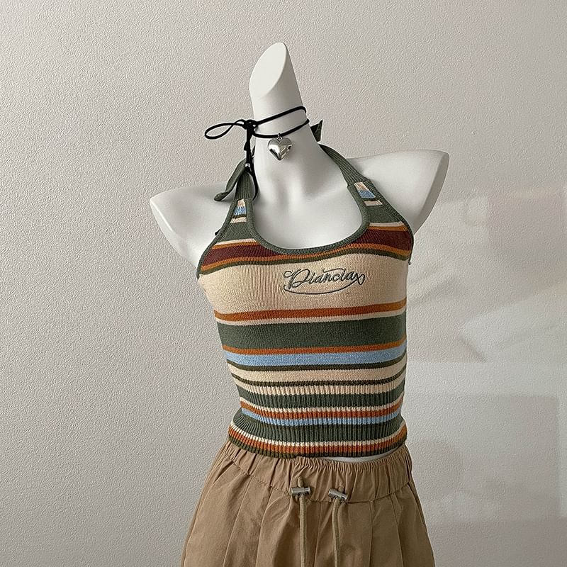 Embroidered Letter Striped Halter Top