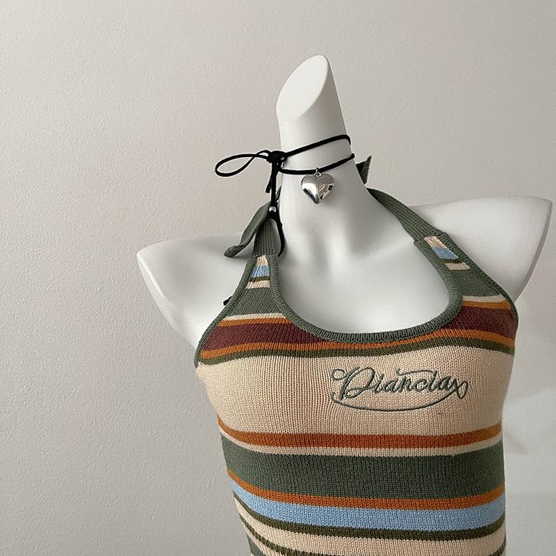 Embroidered Letter Striped Halter Top