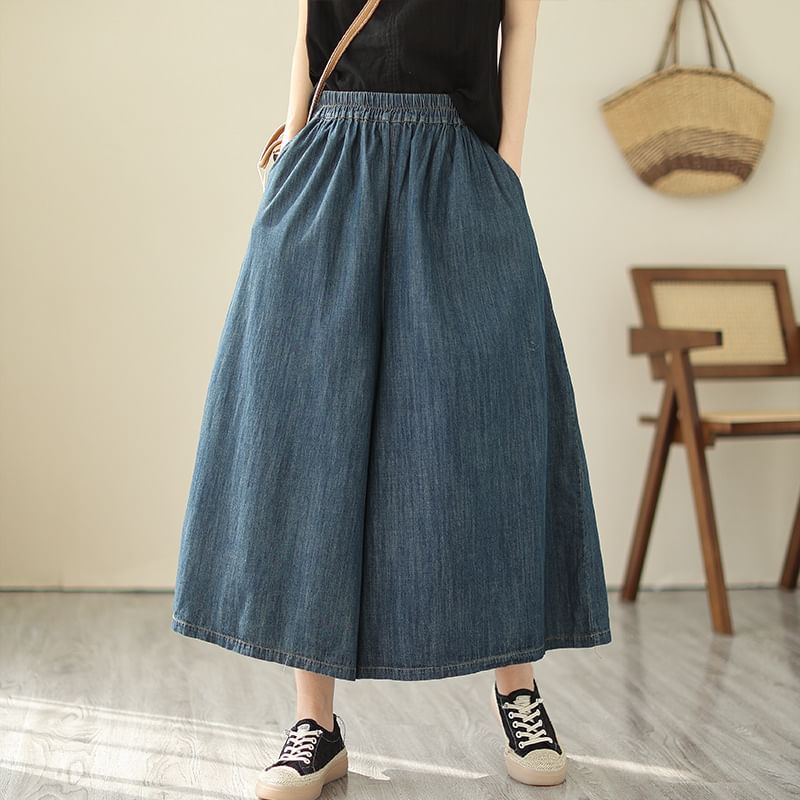 Elastic Waist Washed Denim Cropped Culottes