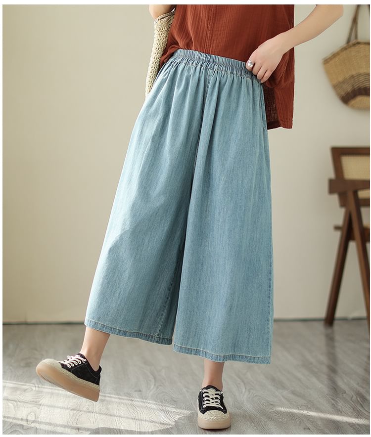 Elastic Waist Washed Denim Cropped Culottes