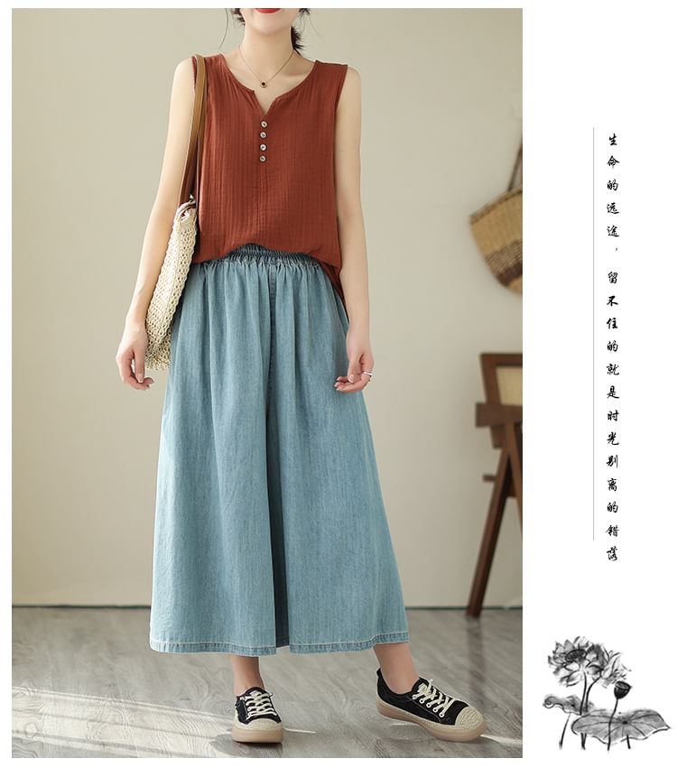 Elastic Waist Washed Denim Cropped Culottes