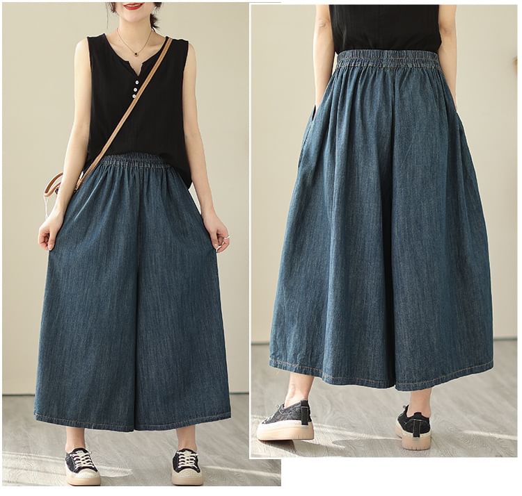 Elastic Waist Washed Denim Cropped Culottes