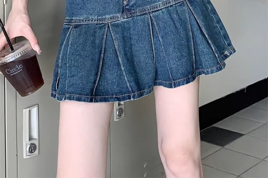 A-Line Denim High Skirt Mini Rise Washed Pleated