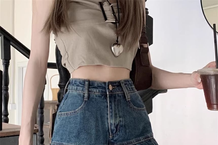 A-Line Denim High Skirt Mini Rise Washed Pleated