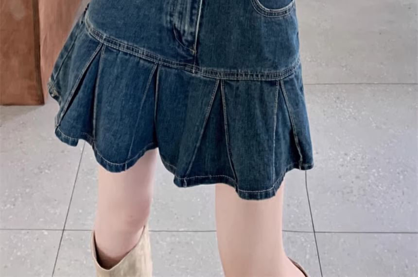 A-Line Denim High Skirt Mini Rise Washed Pleated