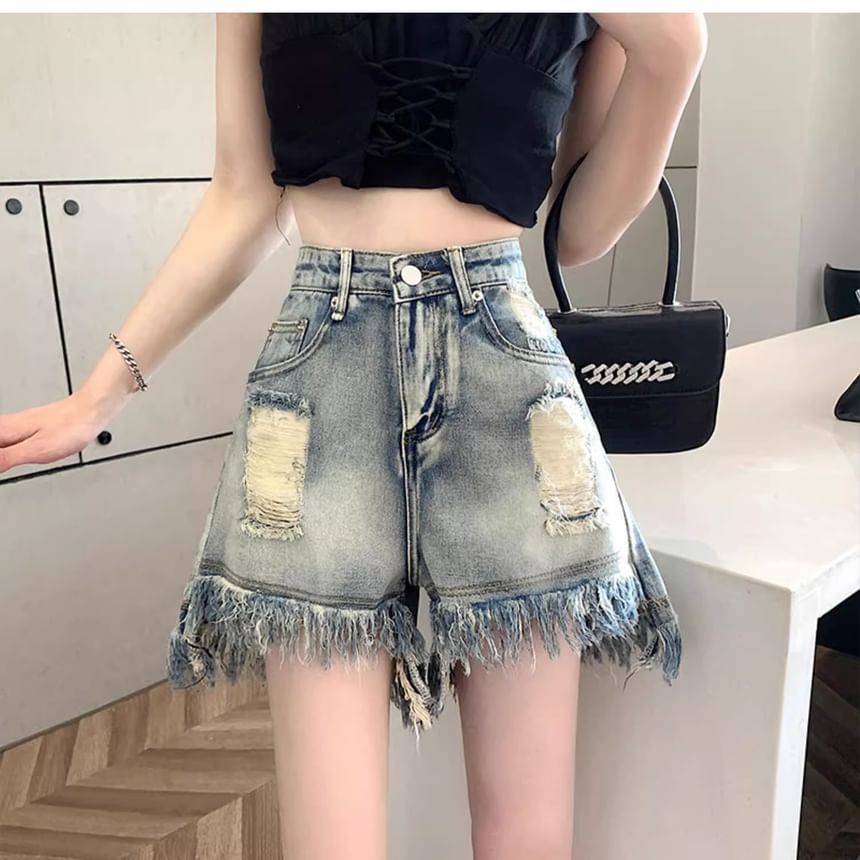 High Denim Waist Fringe Washed Shorts Distressed