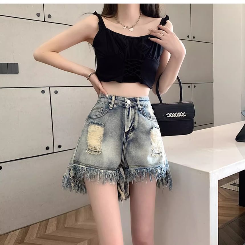 High Denim Waist Fringe Washed Shorts Distressed