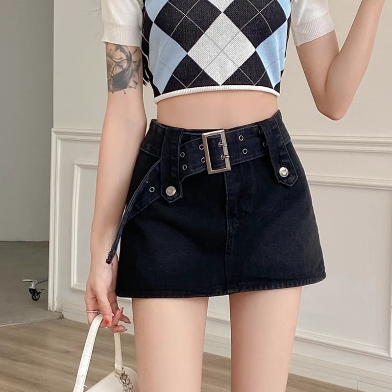 Skort Denim Belted A-Line High Mini Waist