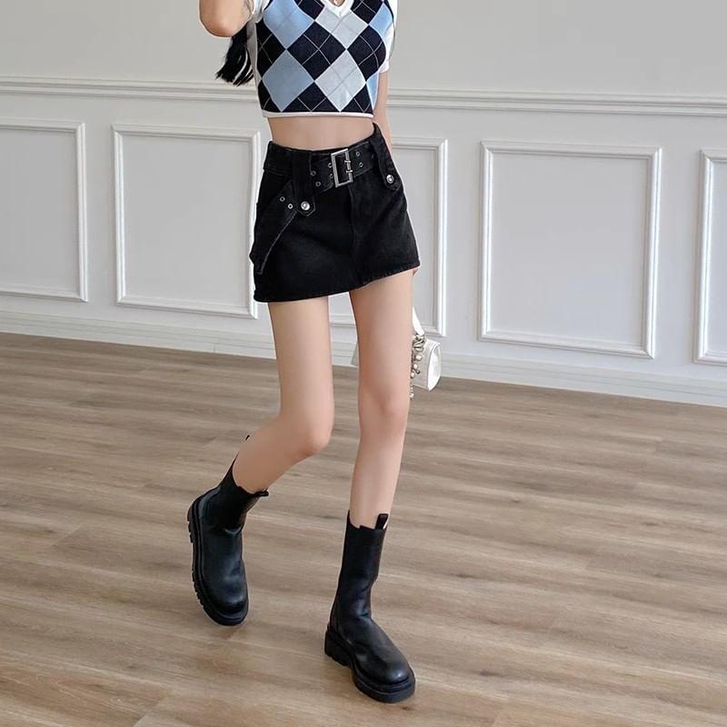 Skort Denim Belted A-Line High Mini Waist