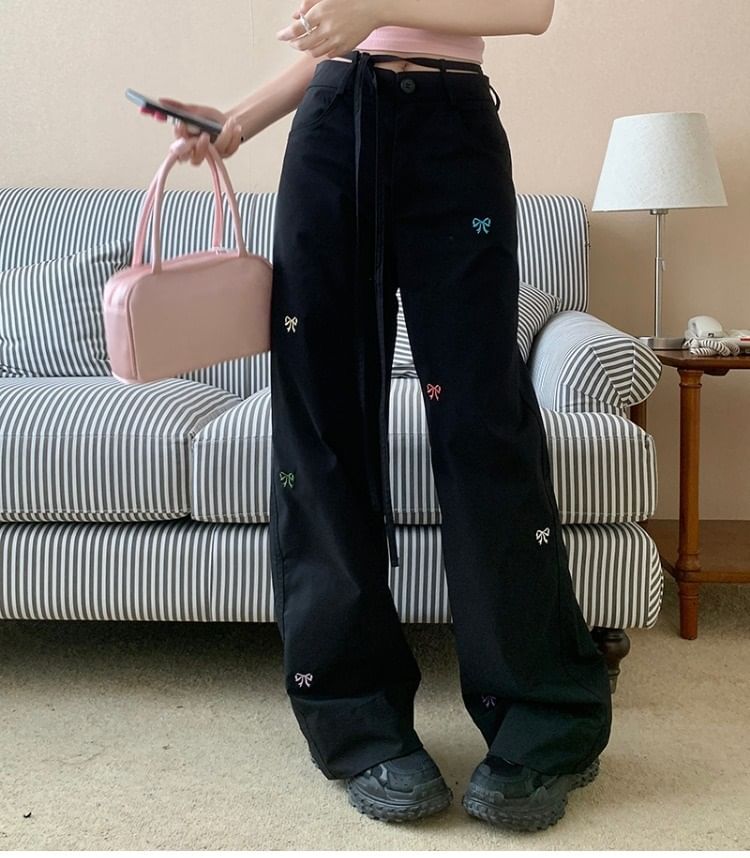 Tie-Up Bow Wide Pants Embroidered Leg Mid Waist