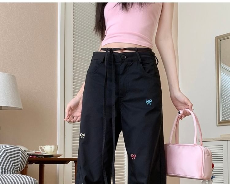 Tie-Up Bow Wide Pants Embroidered Leg Mid Waist