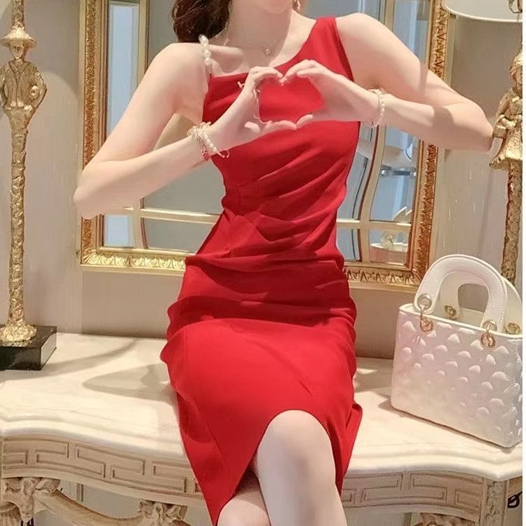 A-Line Plain Faux Dress Midi Ruched Strap Slit Pearl Sleeveless