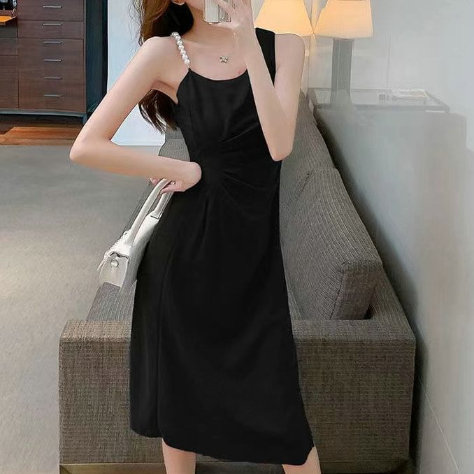 A-Line Plain Faux Dress Midi Ruched Strap Slit Pearl Sleeveless