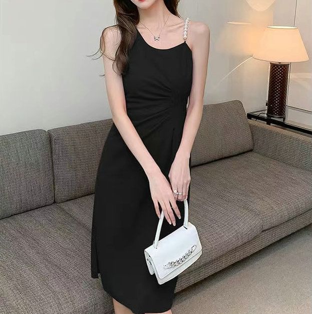 A-Line Plain Faux Dress Midi Ruched Strap Slit Pearl Sleeveless